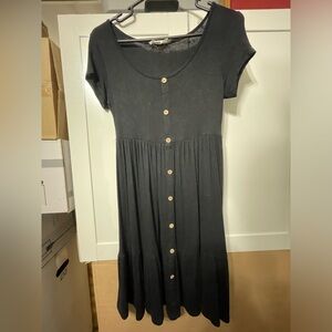 Pink Rose Black Midi Dress with Button Detail